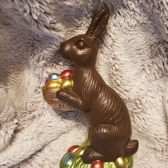 Easter Faux Chocolate Foil Bunny with Basket Eggs Centerpiece Figurine 8" Tall - Picture 3 of 5
